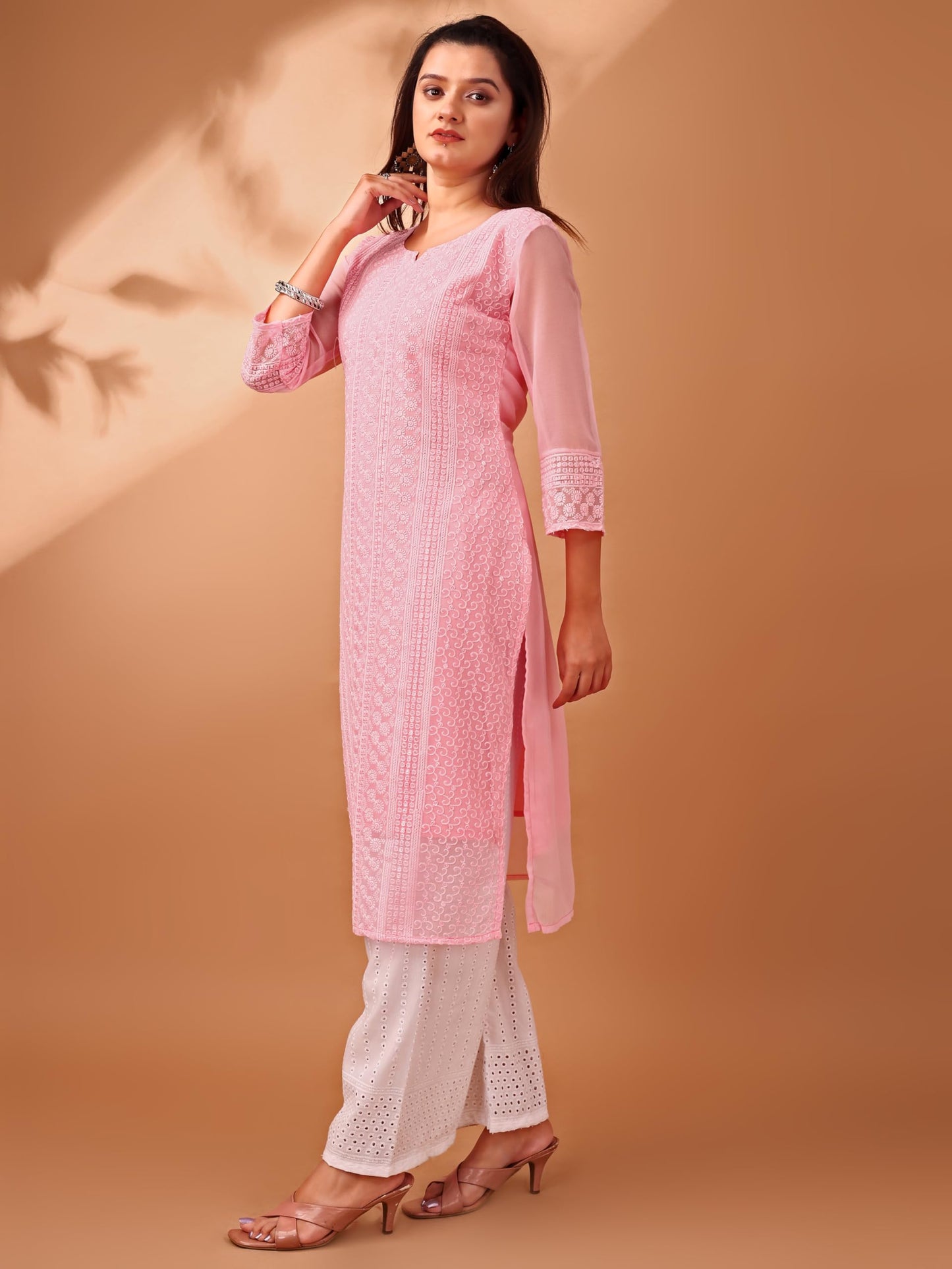 Gufrina WomenS Georgette Straight Kurta Palazzo With Notch Neck 3/4Th Sleeves Solid Pattern Chikankari Work Calf Length And Reg