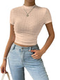 Sugathari Girls & Womens Beige Casual Semitransparent Cropped High-Neck Lace Trim Ladies T-Shirt, Short Sleeve Schiffli Crop T