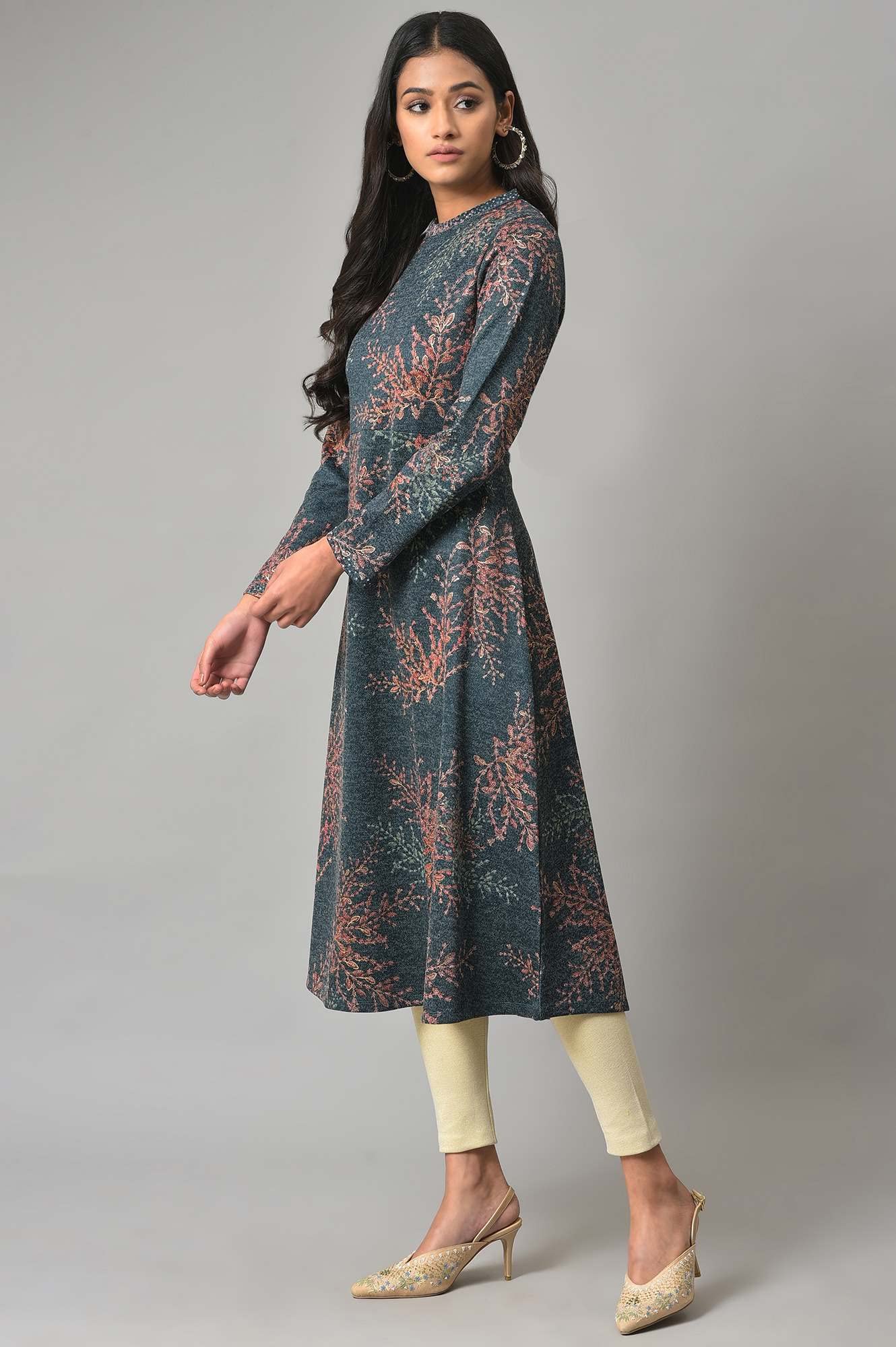 W for Woman Dark Blue Light Festive Jacquard Winter Kurta