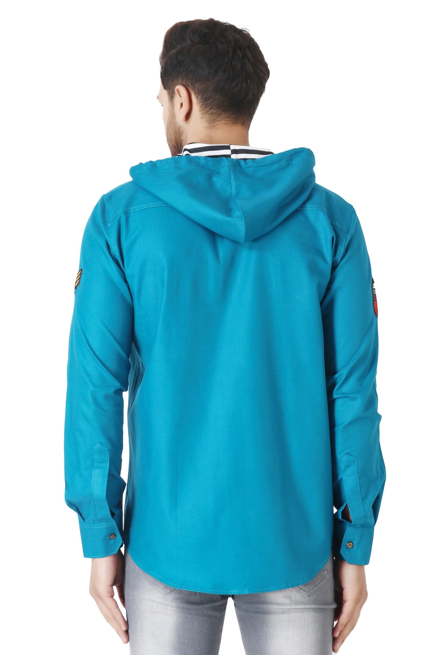 Besix MenS Blue Tailored Fit Cotton Blend Shirt For Man With Hoodie - Casual Long Sleeve Shirt With Pockets - Patch Detail For