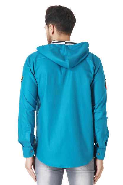Besix MenS Blue Tailored Fit Cotton Blend Shirt For Man With Hoodie - Casual Long Sleeve Shirt With Pockets - Patch Detail For