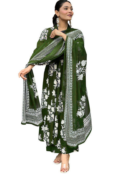Toochki WomenS Rayon Viscose Anarkali Printed Kurta With Palazzo & Dupatta Olive Green Color