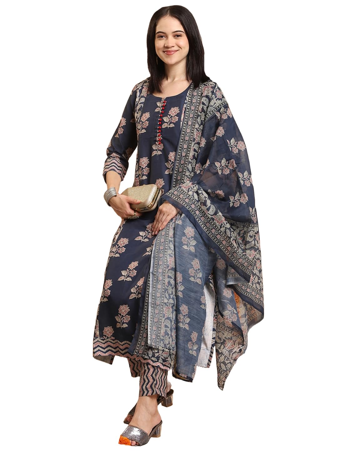 ANNI DESIGNER Women s Printed Rayon Blend Kurta with Pants and Dupatta, Navy blue, XL