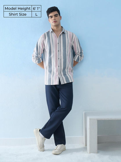 The Souled Store Cotton Linen Stripes: Marine Men and Boys Long Sleeves Collared Neck Button Front Regular Fit Lightweight Breat