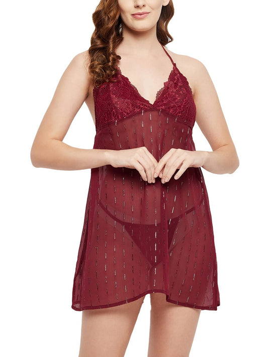 Clovia Womens Lace & Georgette Print Me Pretty Sheer Babydoll with Matching G-String (NS1384P09_Maroon_XXL)