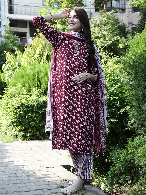 Pinkmint Salwar Suit For Women Cotton Flower Printed Kurta & Straight Pant With Dupatta