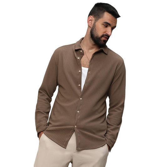 Campus Sutra Mens Tan Brown Stripe-Creased Shirt for Casual Wear | Spread Collar | Long Sleeves | Button Closure | Shirt Crafte