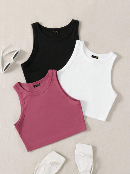 Toochki Tops for Woman | Spandex Top | Crop | Short | for Jeans | Sleeveless | Western | Stretchable | Pack of Three | Black-Whi
