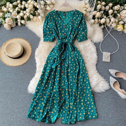 Gufrina Dresses For Women Half Sleeve || Floral Print || V-Neck And Puff Sleeves || Front Open Button & Tie-Up || Midi Dress (Gr