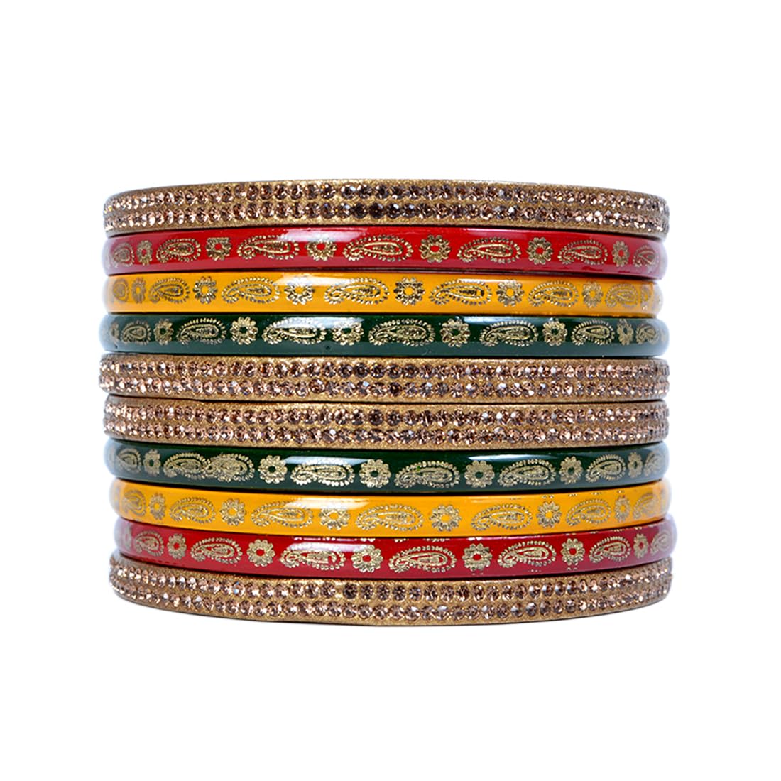 Snehlata Creations Multicolor Lac Bangle Set for Women - 2.4 Size, Set of 10, Red Yellow Green Golden, Jaipuri Chudi
