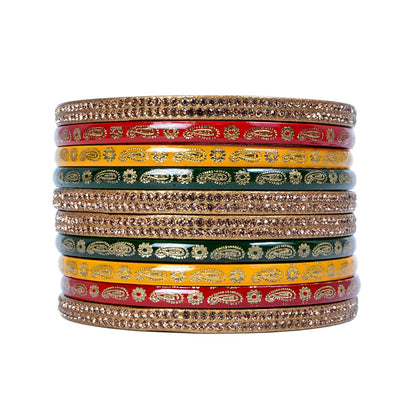 Snehlata Creations Multicolor Lac Bangle Set for Women - 2.4 Size, Set of 10, Red Yellow Green Golden, Jaipuri Chudi