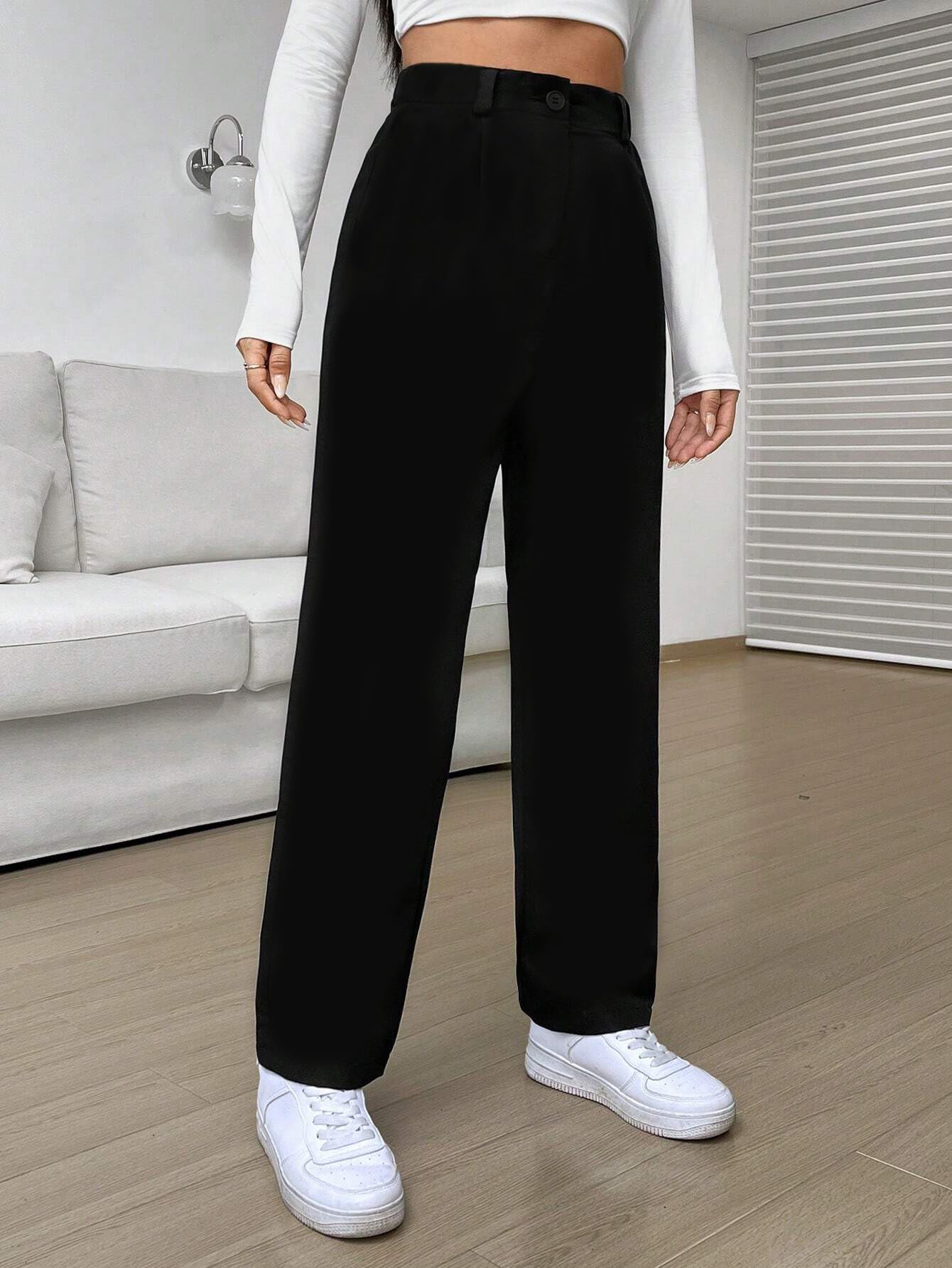 Toochki Spandex Trouser Black Pants for Womens Regular Fit, Bellbottom Straight Pants for Womens