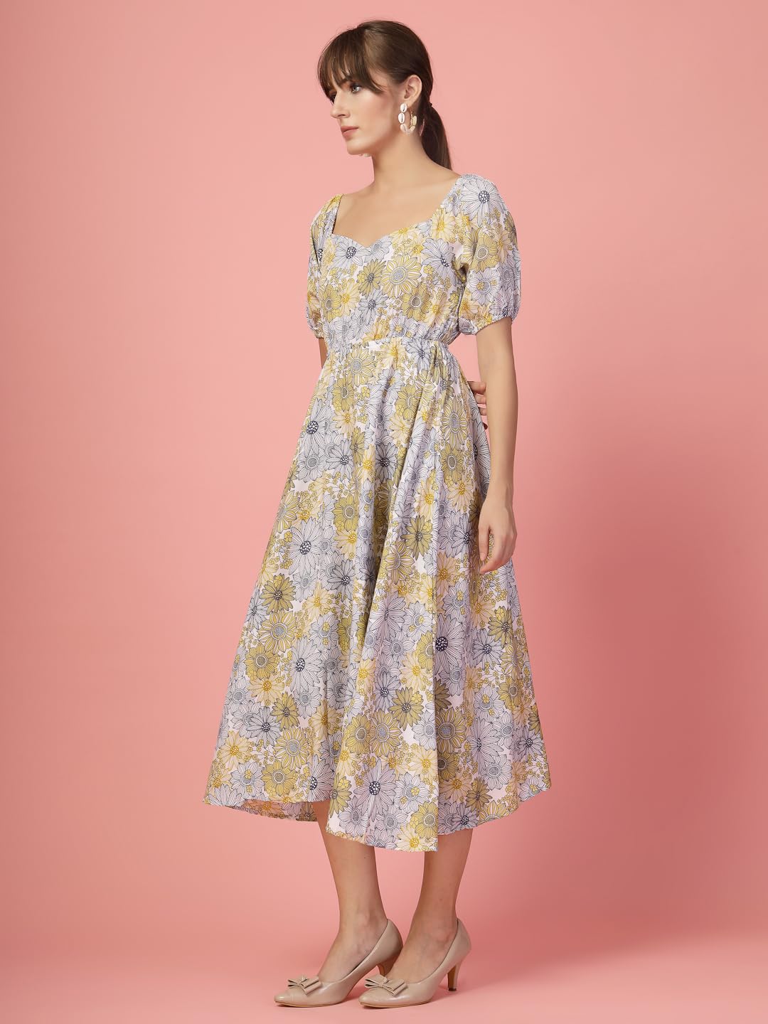 Oomph! Flared Dress For Women Stylish | Long One Piece For Women | Puff Sleeve Long Dress | Floral Print Maxi One Piece | Wester