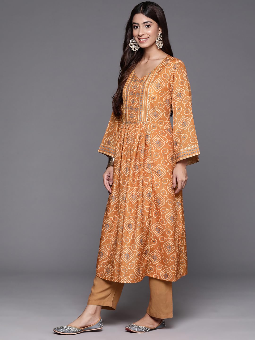 Varanga Women Rust Bandhani Printed Embellished With Gota A-Line Kurta Paired With Tonal Solid Bottom And Tonal Chiffon Dupatta