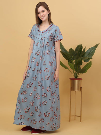 Sweet Dreams Women Printed Full Length Night Dress Grey
