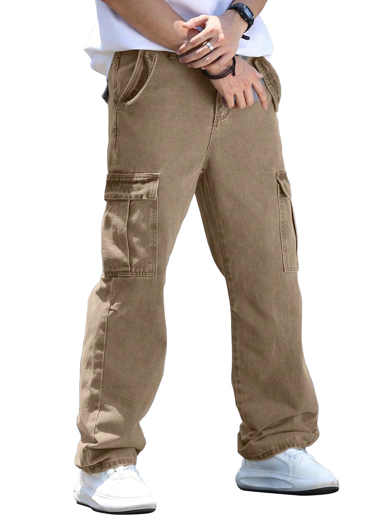 AVANOVA Mens Khaki Cargo Jeans Slim Fit | Stylish Stretch Denim Trousers with Multi Pockets | Casual Wear Pants for Men | Comfor