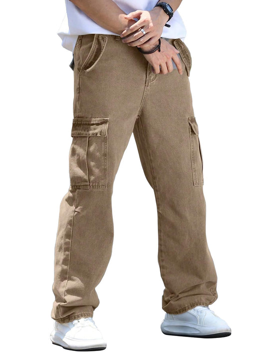 AVANOVA Mens Khaki Cargo Jeans Slim Fit | Stylish Stretch Denim Trousers with Multi Pockets | Casual Wear Pants for Men | Comfor