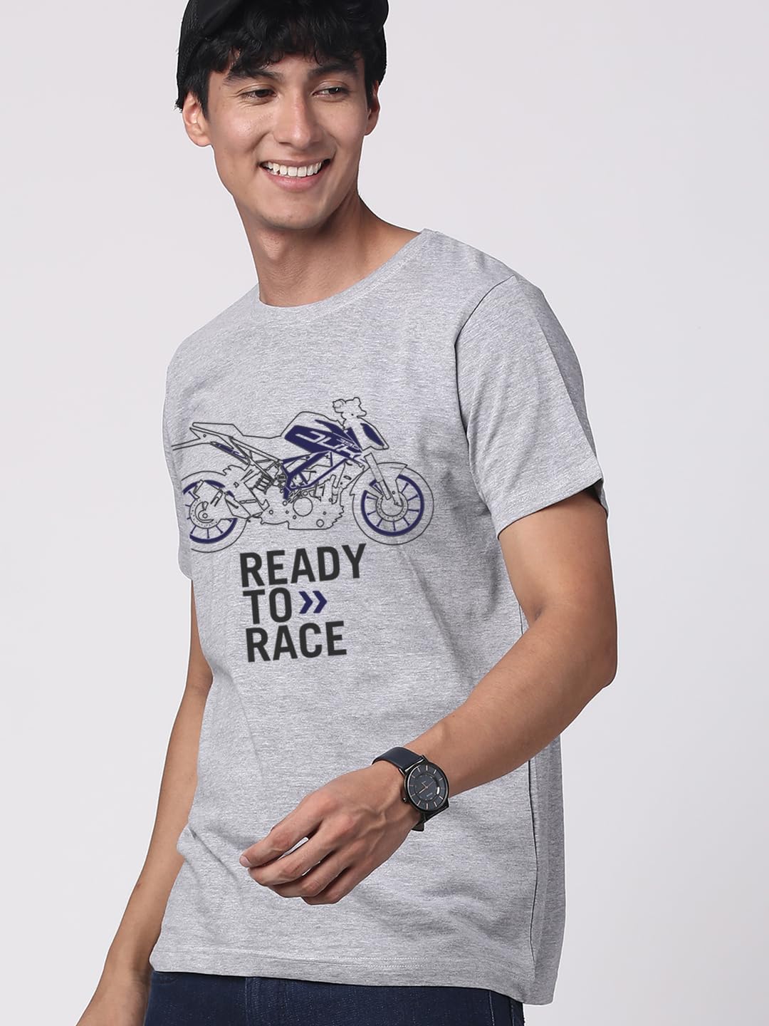 ADRO Men's Biker Design Printed 100% Cotton T-Shirt - Regular Fit, Printed T-Shirts for Men (RN24-KTM-GR_Grey)