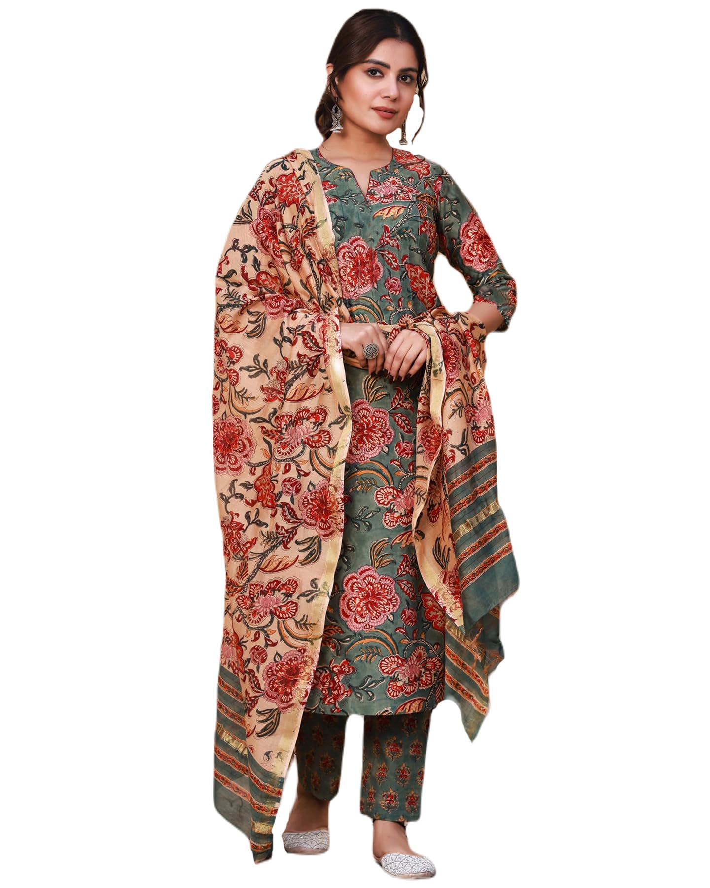 ANNI DESIGNER Women s Rayon Blend Kurta with Pants and Dupatta, Green, L
