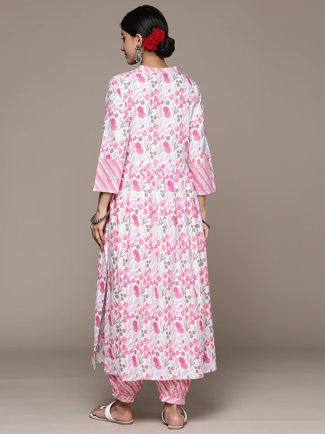 ishin Women's Pure Cotton Printed Pink A-Line Kurta Suit Set with Pants
