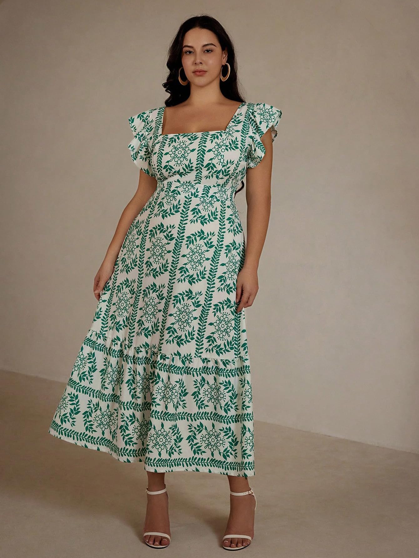 Shasmi GirlS & WomenS White And Green Boho Random Print Casual Vacation Ruffled Square Neck Short Sleeve Summer Dresses With A