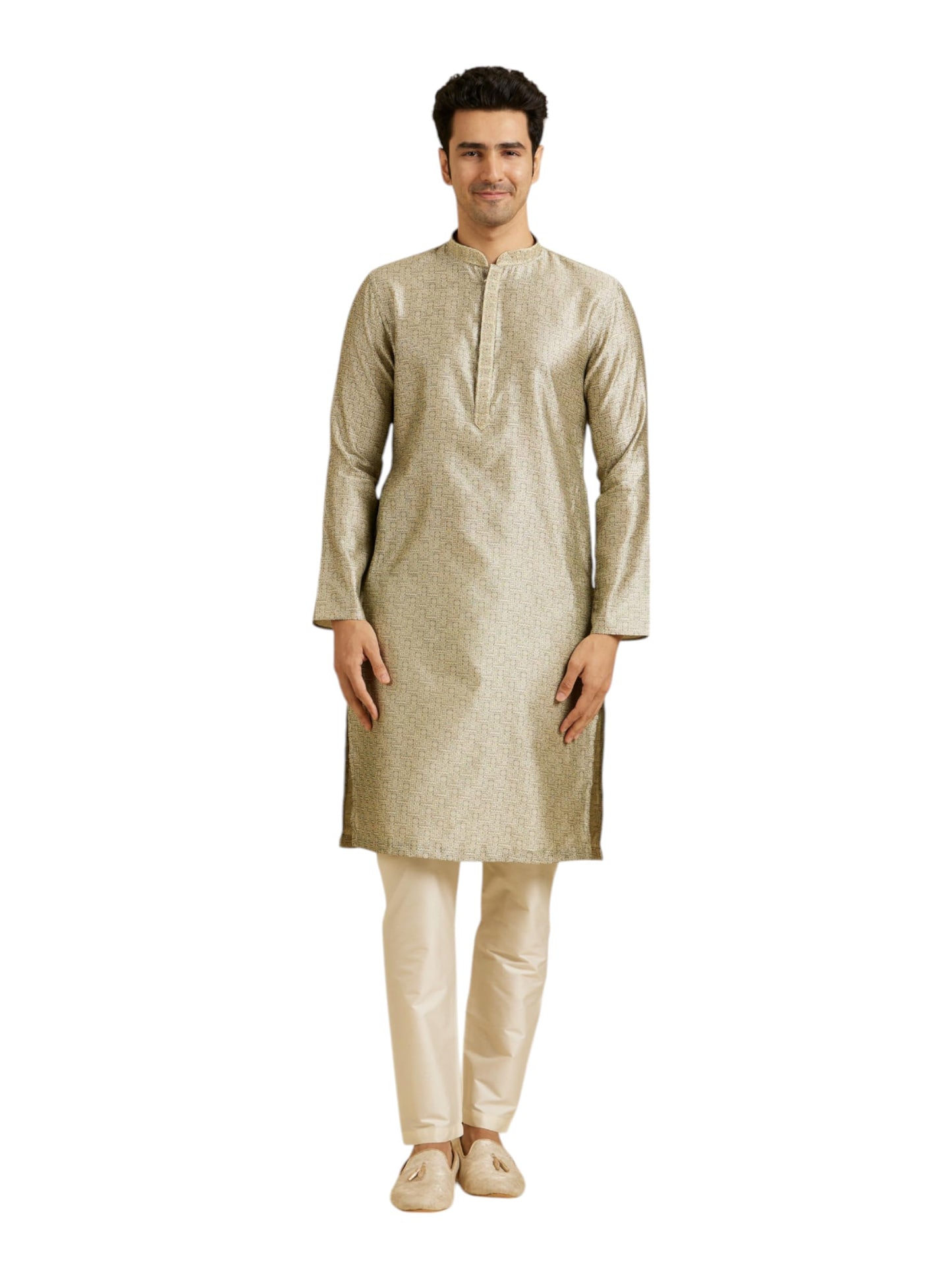 Manyavar MenS Art Silk Intricate Prints & Neck Detailing Kurta Pyjama Set (Green,L)