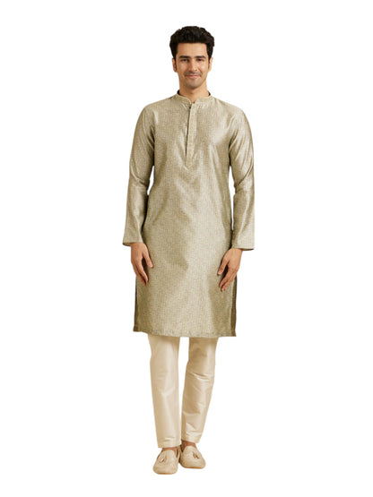 Manyavar MenS Art Silk Intricate Prints & Neck Detailing Kurta Pyjama Set (Green,L)