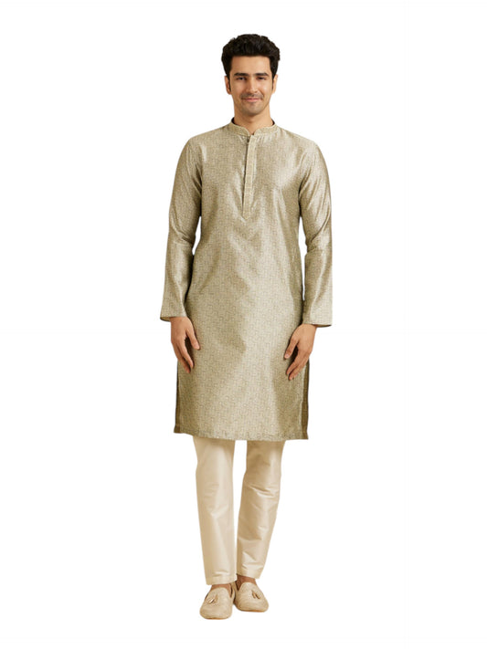 Manyavar MenS Art Silk Intricate Prints & Neck Detailing Kurta Pyjama Set (Green,L)