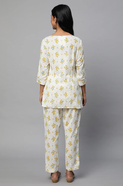 Beige Floral Print Summer Kurti Co-Ord Set
