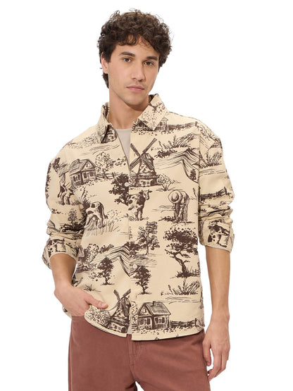The Souled Store Rolling Hills Men and Boys Long Sleeves Collared Neck Button Front Beige and Brown All Over Printed Cotton Shac