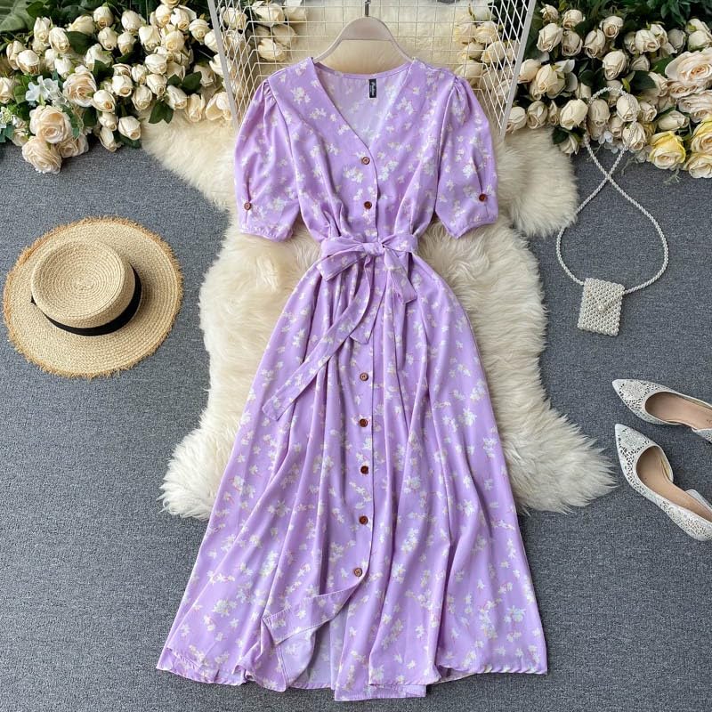 Gufrina Dresses For Women Half Sleeve || Floral Print || V-Neck And Puff Sleeves || Front Open Button & Tie-Up || Midi Dress (La
