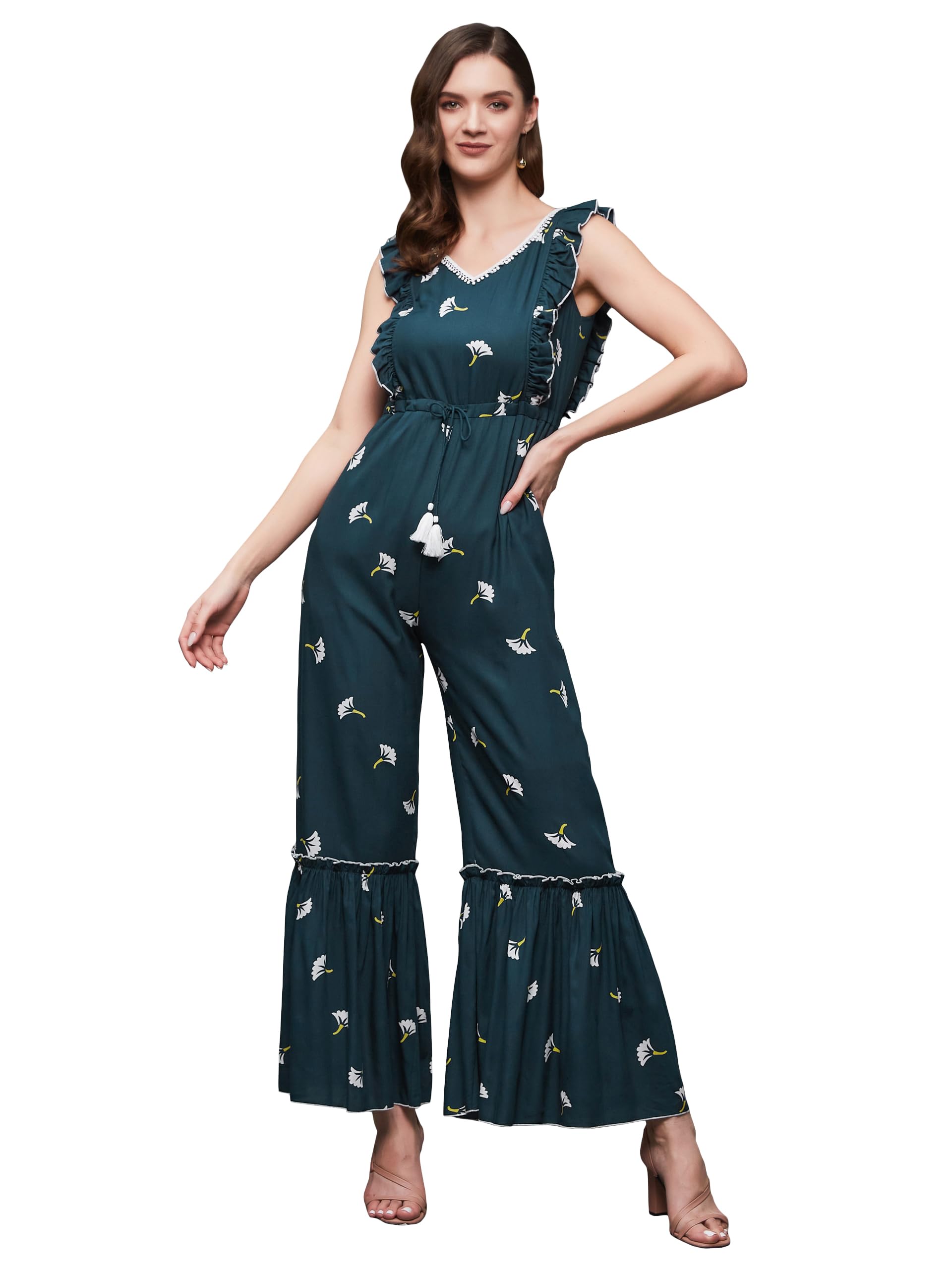 Miss Chase WomenS Floral V-Neck Ruffled Sleeves Viscose Rayon Tiered Regular-Length Jumpsuit (Mcss23D15-84-306-02, Multicolored