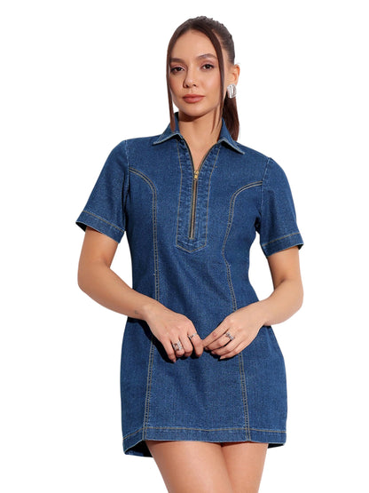 Miss Chase WomenS Collared Half Sleeve Princess Seam Sheath Mini Dress (Mcss25Den68-59-354-06, Prussian Blue, Xl)