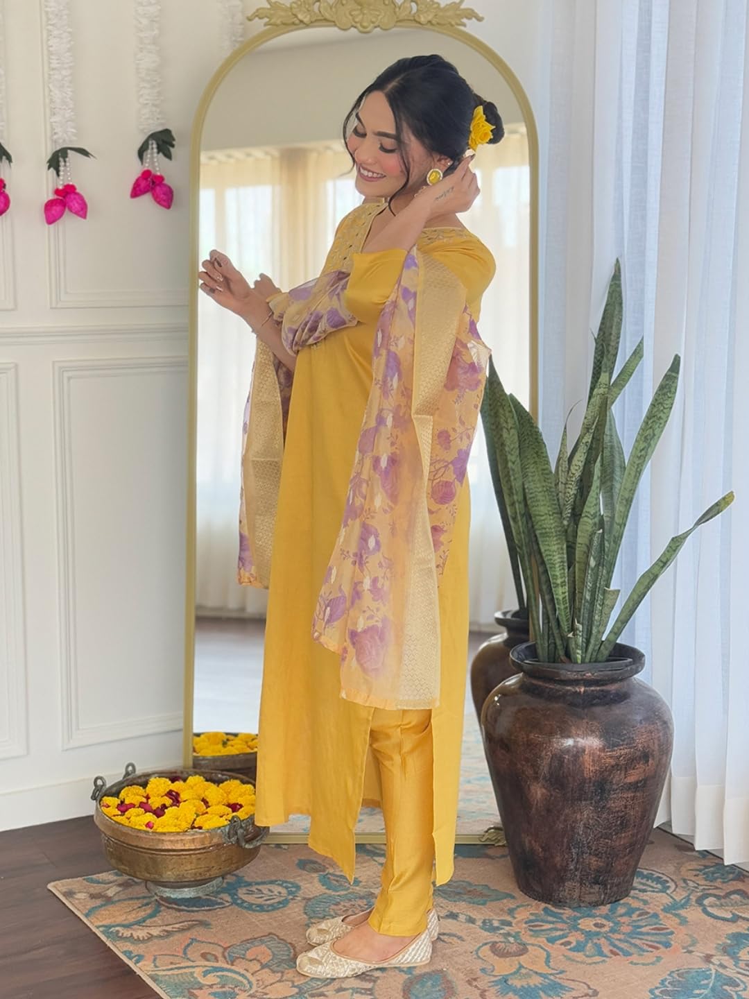 Naixa WomenS Mustard Chanderi Embroidered Straight Kurta With Chanderi Pant And Jacquard Printed Dupatta Sets (Nx-Or-K96-Mustar