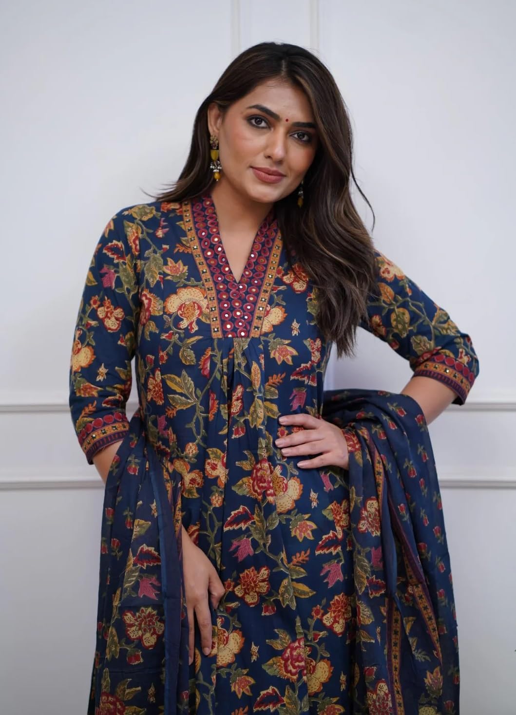 Nermosa Women Printed A-Line Kurta And Pant Set With Dupatta (In, Alpha, Xl, Blue)