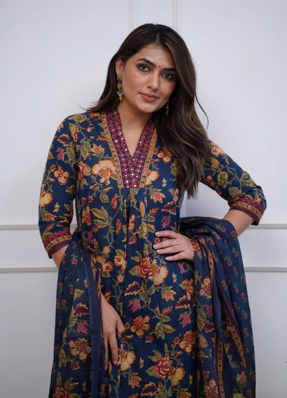 Nermosa Women Printed A-Line Kurta And Pant Set With Dupatta (In, Alpha, Xl, Blue)
