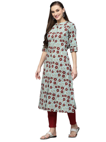 Stylum Women's Printed Cotton A-Line Kurta (Turquoise Blue)