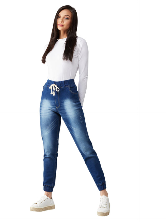 Dolce Crudo WomenS Navy Blue Relaxed Fit Mid Rise Regular Length Scraped Denim Stretchable Jogger Pants (Doss18Den06-02-71-34,Na