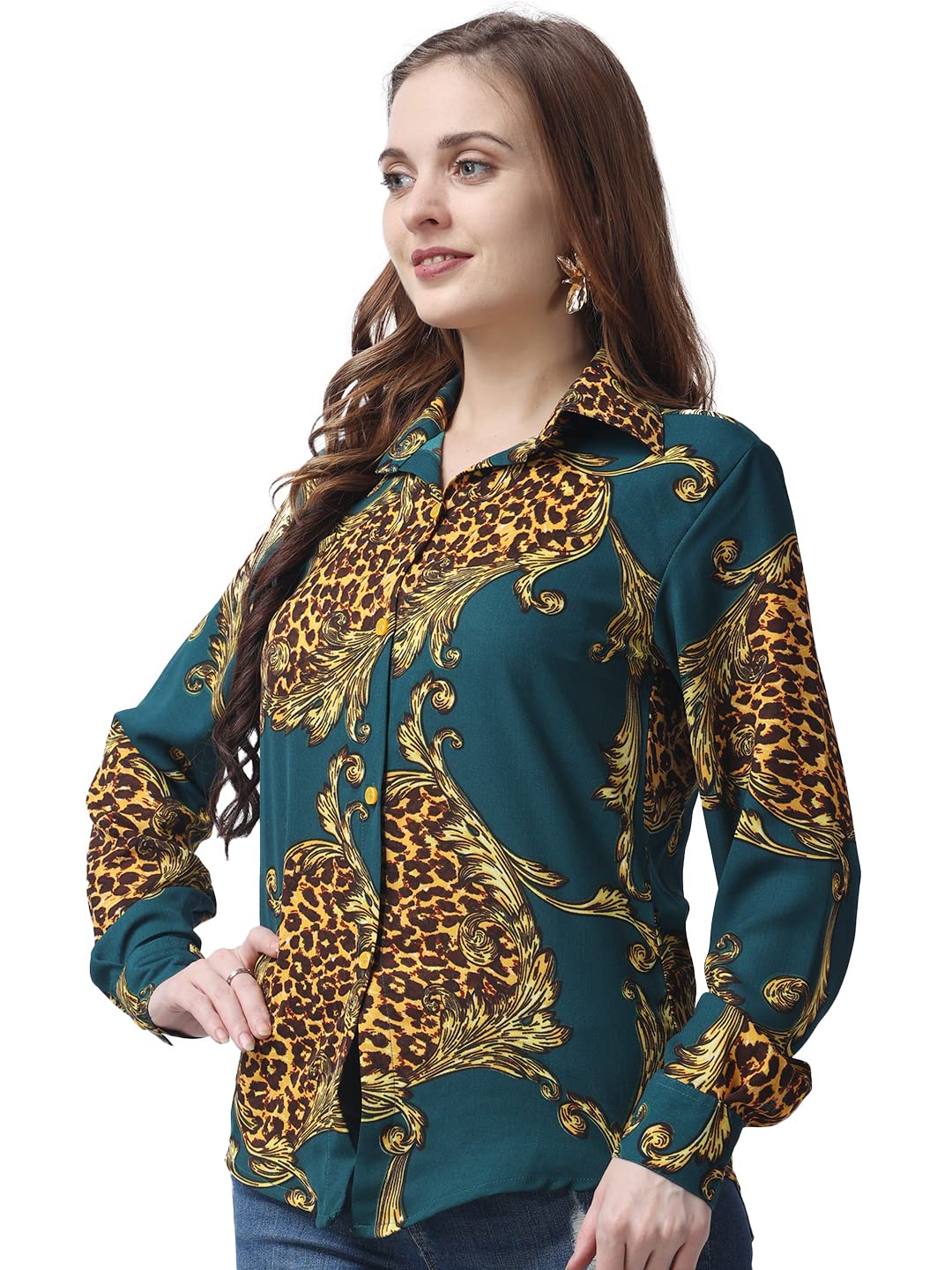POPWINGS Printed Full-Sleeves Regular-Fit Polyester Printed Shirt for Women Stylish Western Casual Wear