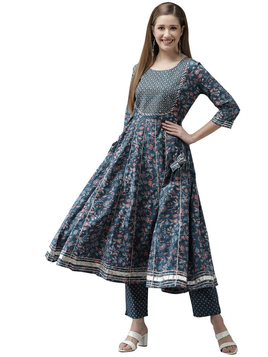 ishin Women's Cotton Blend Anarkali Embroidered Zari Floral print Teal Kurta suit set with Trouser