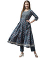 ishin Women's Cotton Blend Anarkali Embroidered Zari Floral print Teal Kurta suit set with Trouser