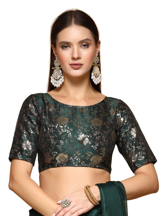 OOMPH! Womens Indian Ethnic Wear Designer Self Design Pattern Zari Work Boat Neck Half Sleeve Forest Green Color Jacquard Ready