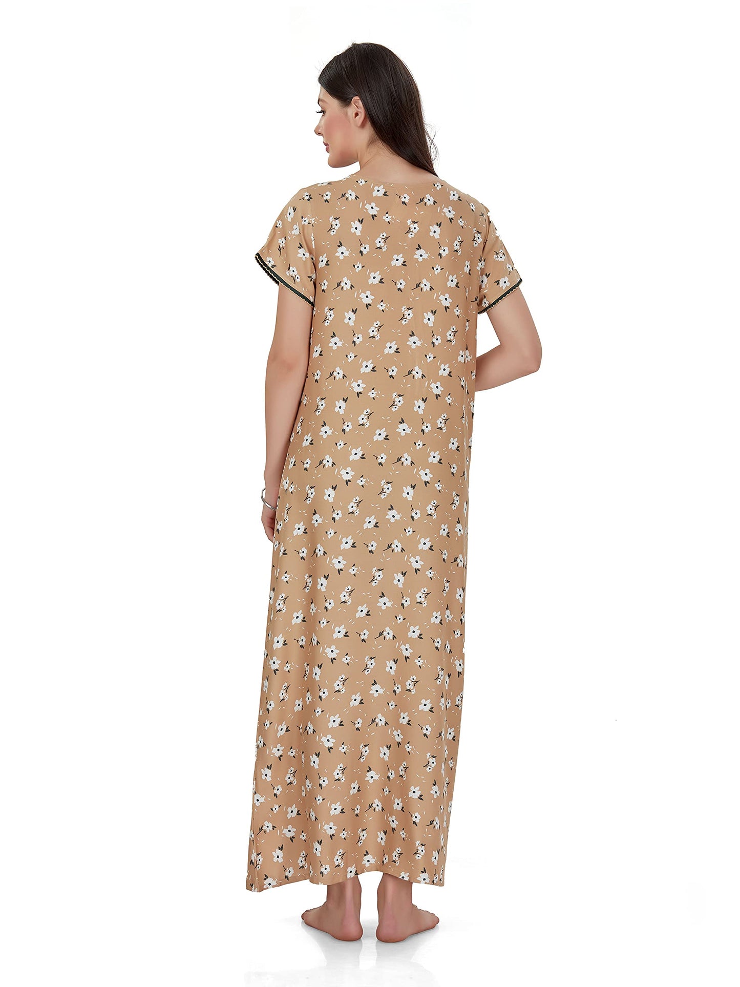 Evolove WomenS Viscose Liva Long Maxi Night Gown Nighty Dress With Pocket & Zipper, Super Soft Comfortable (Bud Brown, Lngco154