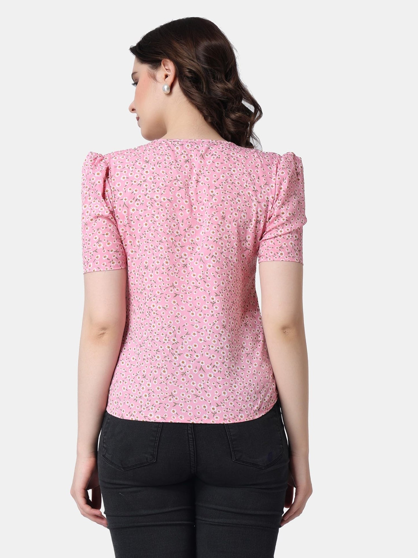 POPWINGS Casual Printed Puff Sleeves Round Neck Top for Women || Stylish Latest Summer Tops for Women || Hip-Length Women Top Li
