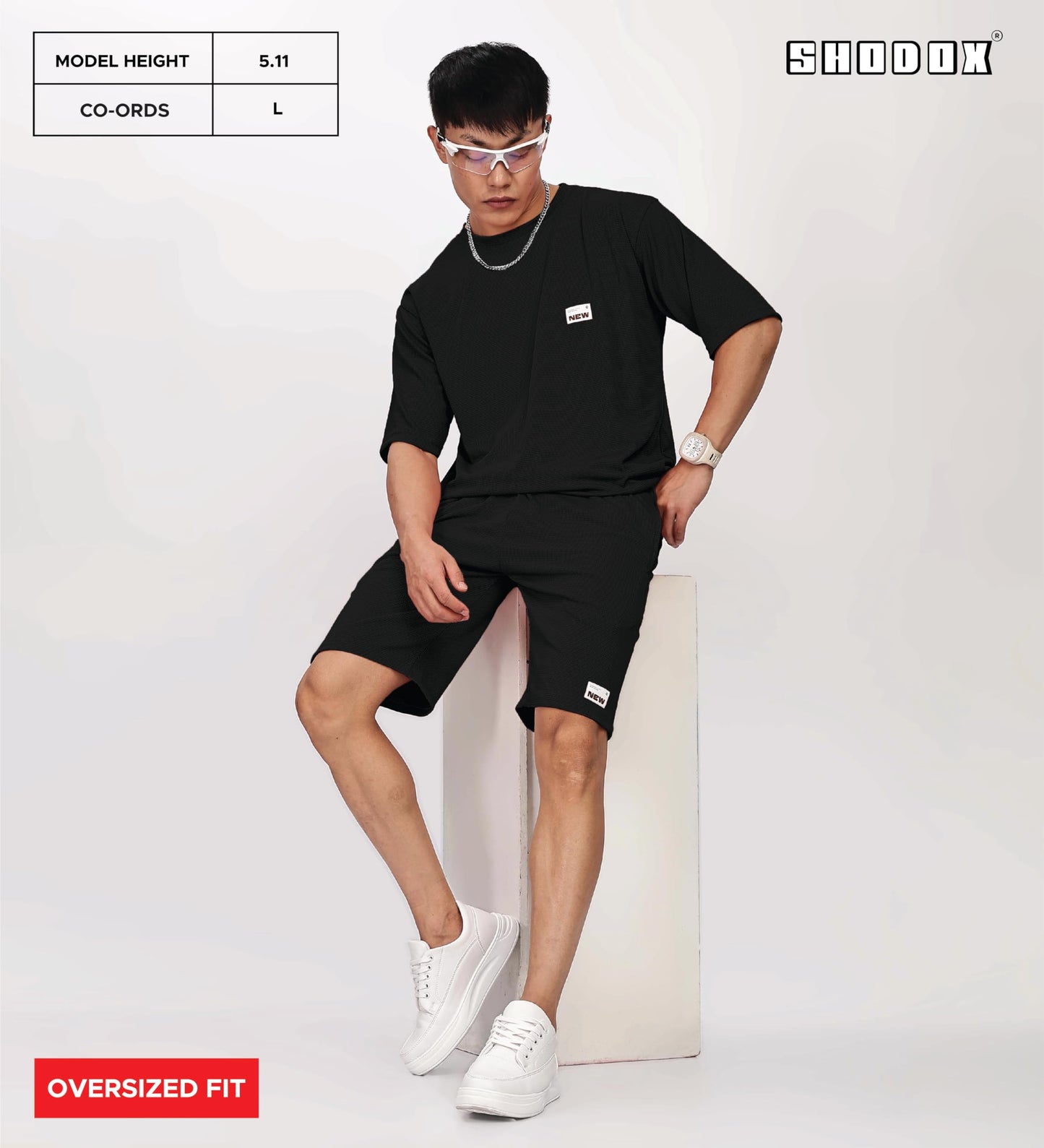 SHODOX Mens Round Neck Solid Relaxed Fit Tshirt and Short Co-ords Set for Mens (Pack of 1) Black