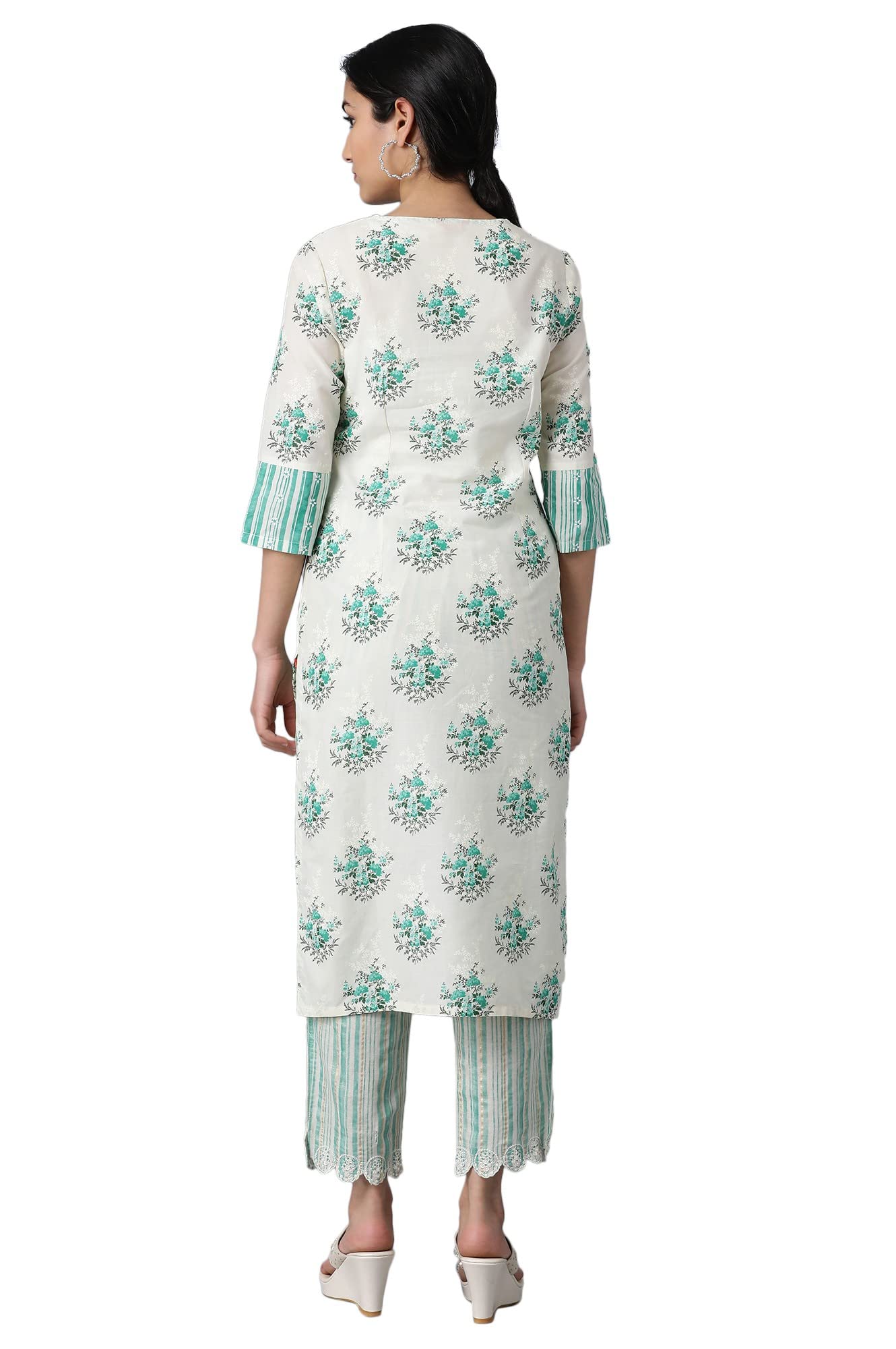 W Green Cotton Floral Printed Regular Kurta For Women