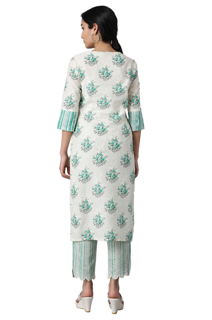 W Green Cotton Floral Printed Regular Kurta For Women