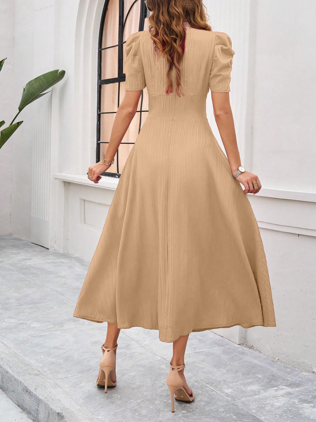 Shasmi Girls & Womens Skin Solid Color V-Neck A-Line Maxi Dress for Women | New Year Party Outfit | Waist Cinched Puff Sleeve