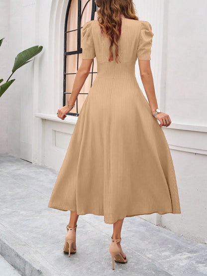 Shasmi Girls & Womens Skin Solid Color V-Neck A-Line Maxi Dress for Women | New Year Party Outfit | Waist Cinched Puff Sleeve
