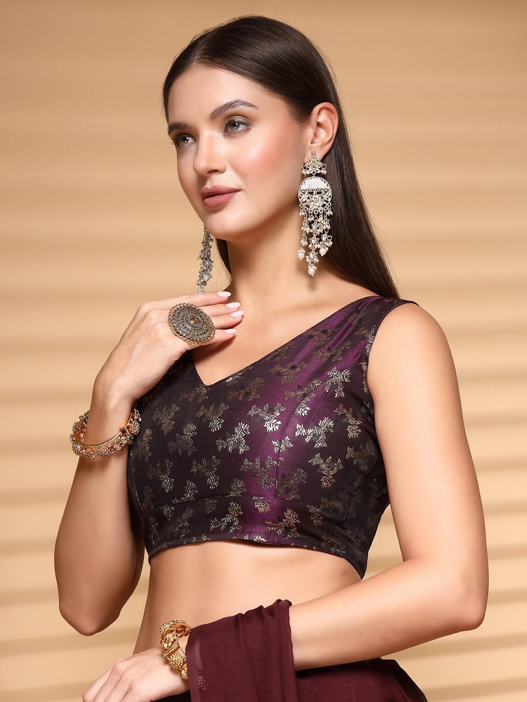 Oomph! Readymade Blouse For Women, Brocade, Sleeveless, V-Neck, Rbbl654